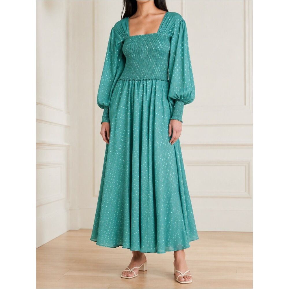 Abacaxi Eva Dress Teal Metallic Cotton Maxi Puff Sleeve Smocked Bodice Sz Large